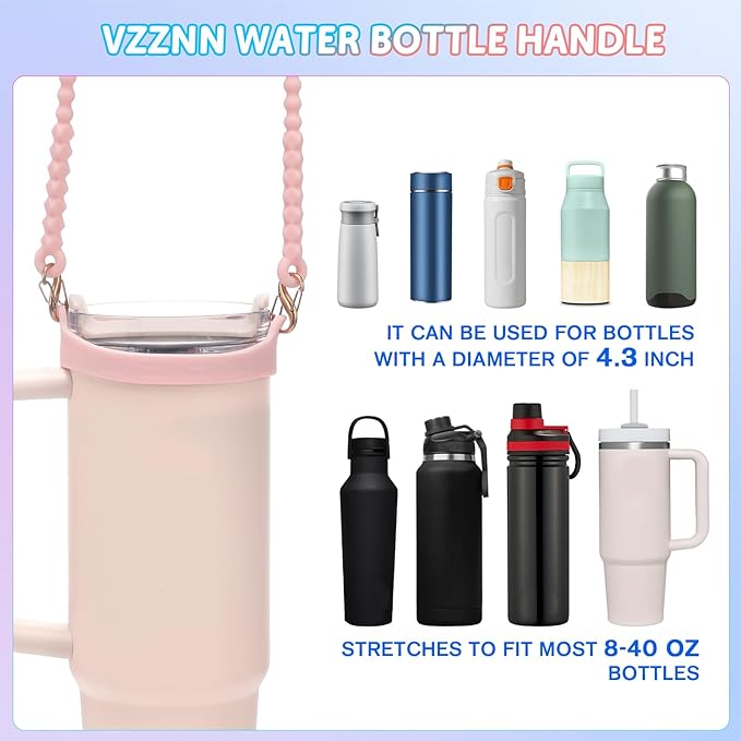 2PCS Water Bottle Handle Strap,Silicone Water Bottle Sling Compatible with Stanley Water Cup Accessories Water Bottle Holder with Strap Fits Most 8-40oz Water Bottles(Pink+Blue)