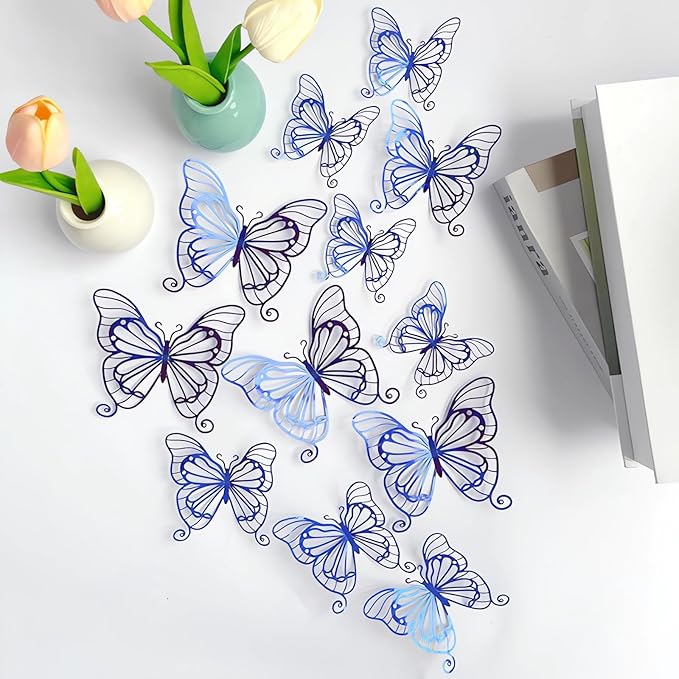 3D Butterfly Wall Decor 3 Sizes 4 Styles, Kurilai 48Pcs Butterfly Decorations Party Birthday Cake Decoration, Removable Wall Stickers for Kids Nursery Wedding Bedroom Room Decor (Blue)