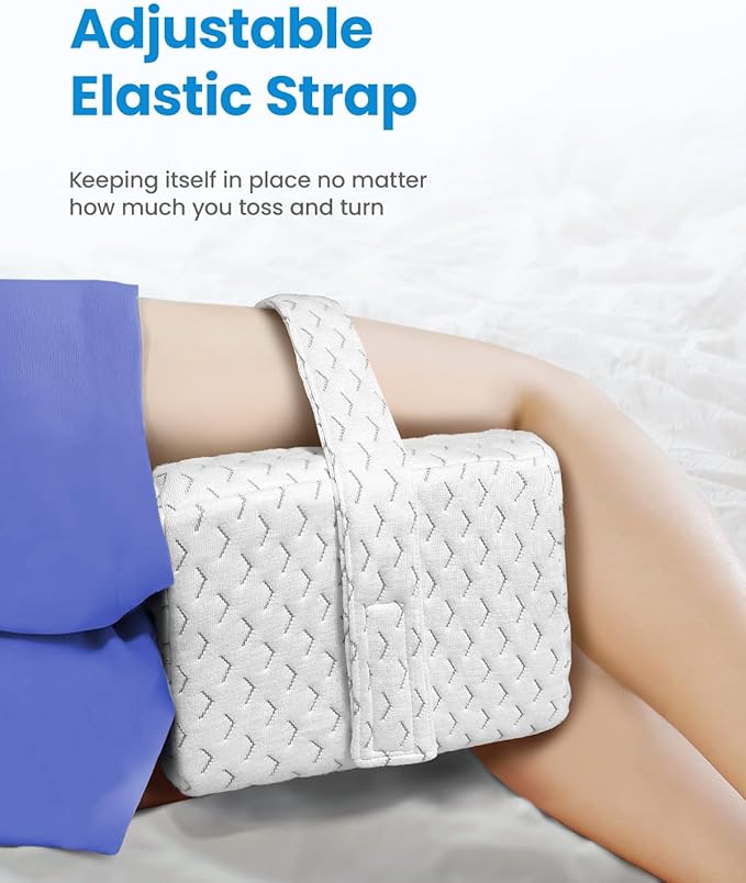 Knee Pillow for Side Sleepers - Cooling Memory Foam Leg Pillow for Side Sleeping with Strap, Soothing Relief for HIPS, Sciatica, Back, Knees, Joints (White)