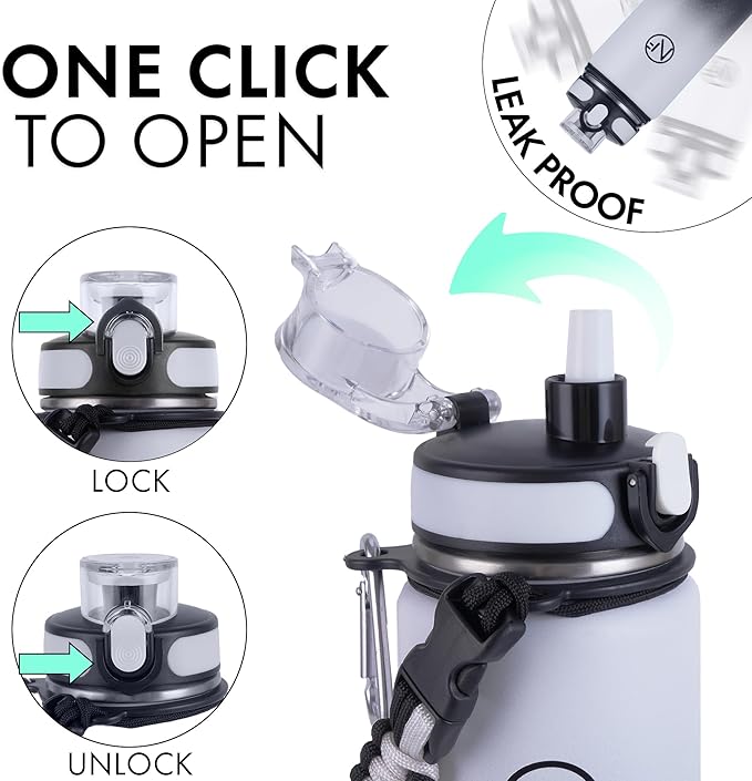 32 oz Insulated Water Bottle With Detachable Straw & Paracord Handle, Stainless Steel Thermos Water Bottle with Leakproof Lockable Lid, BPA-Free Sports Bottle (White Black Gradient)