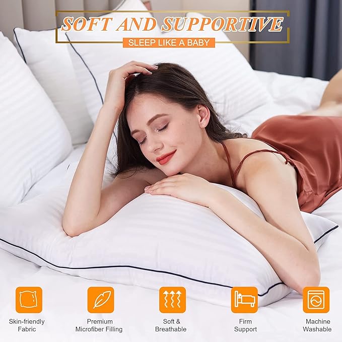 Hotel Collection Bed Pillows Queen Size Set of 2, Soft & Supportive Down Alternative Pillow for Side or Back Sleeper
