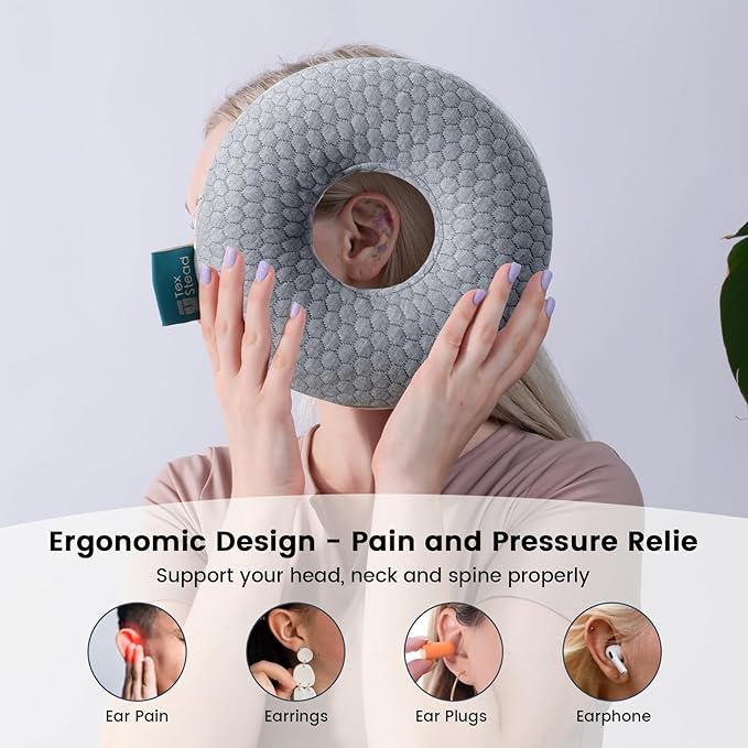 Ear Pillow with Ear Piercing for Side Sleeping, Ear Hole Memory Foam Pillows for CNH and Ear Pain Ear Inflammation Pressure Sores, Travel, Gray
