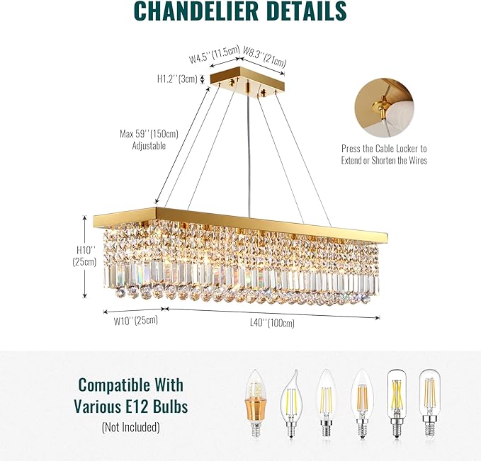 Siljoy Rectangular Gold Crystal Chandelier 8 Lights Modern Rectangle Raindrop Pendant Ceiling Light Fixture for Living Dining Room Kitchen Island Bar L40'' x W10'' x H10''