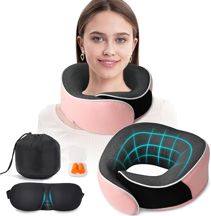 Travel Pillow,Upgraded 100% Memory Foam Neck Pillow for Traveling,Ergonomic Design Soft Best Flight Pillow,Neck Pillow Airplane Kit with 3D Contoured Eye Masks,Earplugs and Luxury Bag (Pink)
