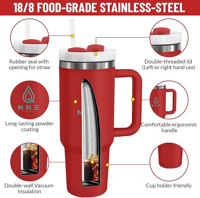 40oz stainless Steel Insulated Tumbler with Handle, lid and straw for cold water, Iced tea, or coffee - 100% Leak-Proof - Cupholder Friendly Travel Mug- Gifts for Women Men Him Her (Red)