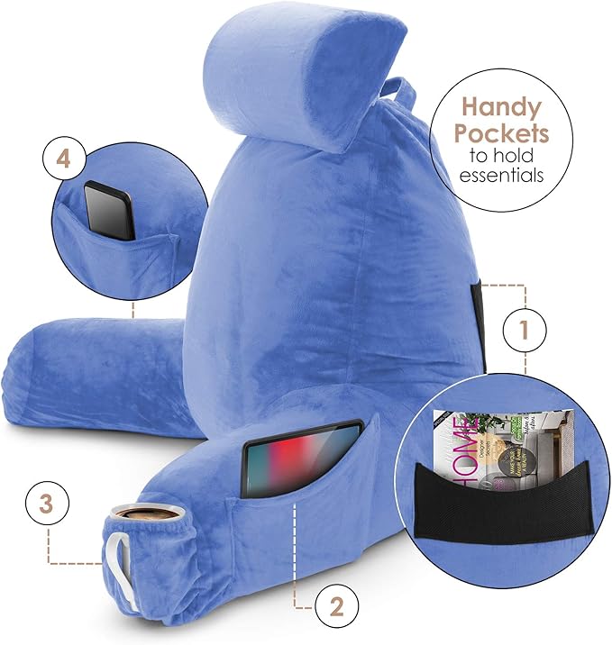 Nestl Reading Pillow Large Bed Pillow, Back Pillow for Sitting in Bed Shredded Memory Foam Chair Pillow, Reading & Bed Rest Pillows Calm Blue Back Pillow for Bed, Bed Chair Arm Pillow with Pockets