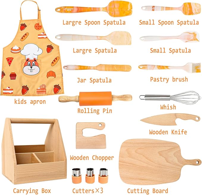 G.a HOMEFAVOR Kids Cooking & Baking Set: 16 Pcs Little Chef Cooking Utensils Kitchen Set with Gourmet Cooking Box, Foldable Chef Hat Apron, Gifts for Girls Boys Juniors(Orange)