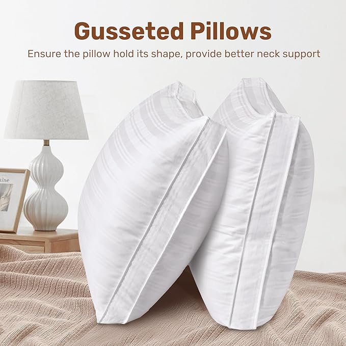 UNIKOME Goose Feathers and Down Pillows with 2 Gusseted Outer Protectors, White Cotton Fabric Bed Pillows for Back Stomach Side Sleepers, King Size, 20 x 36 inches, Pack of 2