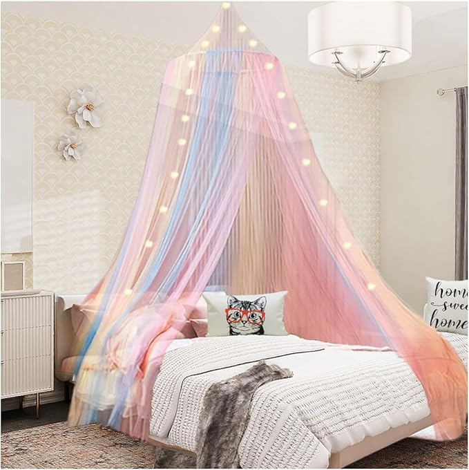 Rainbow Bed Canopy for Girls with Lights Princess Canopy for Girls Bed Mosquito Net for Single Twin Full Queen Size Reading Nook Canopy Bed Curtains Room Decor