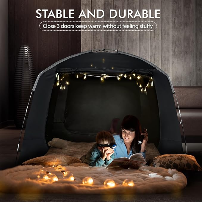 Bed Tent Bed Canopy Portable Twin Size Dream Tents 4 Doors 4 Mesh 80% Blackout - Indoor Breathable Sleeping Tents Privacy Space Tents for Adult with String Light