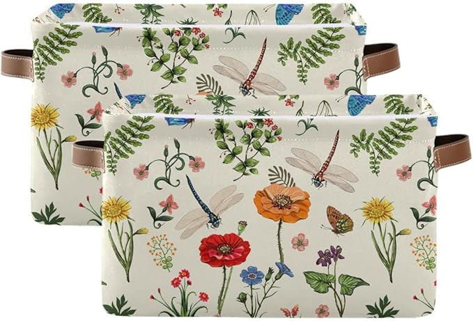 Spring Flowers Herbs Dragonfly Storage Basket Fabric Laundry Baskets Sunflower Lavender Daisy Storage Boxes Organizer Bag for Baby Cloth Dog Toy Book Storage Cubes Shelf Closet Bins 16x12x8 Inches