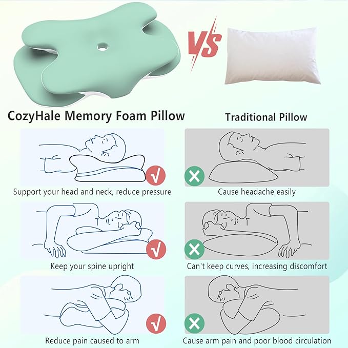 Cervical Pillow for Neck and Shoulder Pain Relief, Ergonomic Neck Pillow for Sleeping, Contour Memory Foam Cervical Pillow, Neck Pillow for Side Back Stomach Sleepers with Ice Silk Fabric (Green)