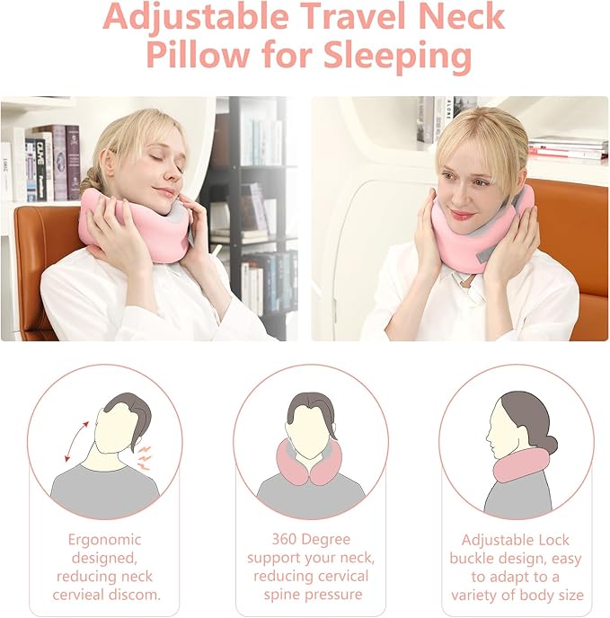 Neck Pillow, Travel Pillows for Airplanes, 100% Memory Foam Airplane Pillow, Portable Adjustable Neck Pillow for Flight, Comfortable & Breathable Cover, Machine Washable, Travel Essentials Kit