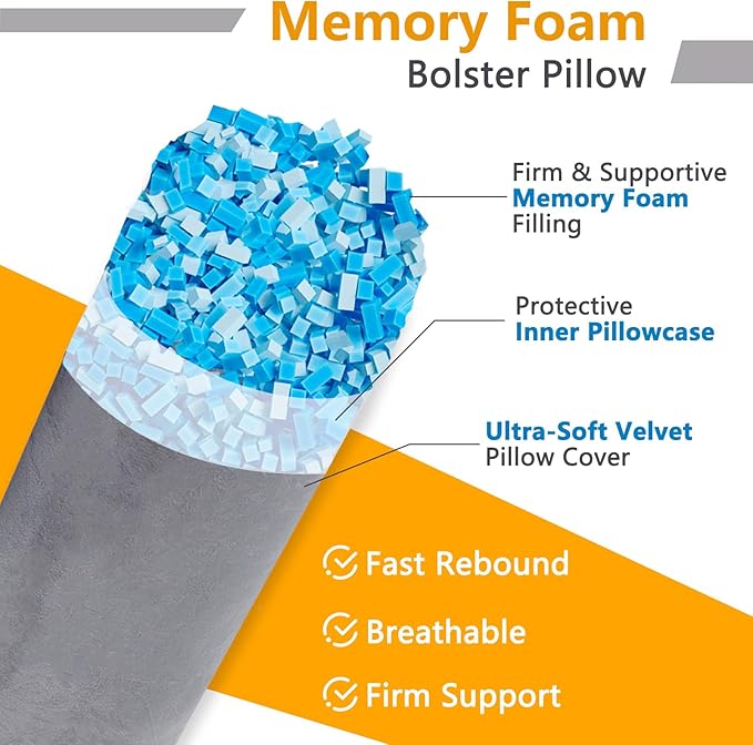 Body Pillow, Memory Foam Body Pillows for Adults Sleeping, Decorative Bolster Pillow for Bed & Couch, Long Cylinder Tube Round Pillow, 24x7.87 Inches, Set of 2 (Light Grey)