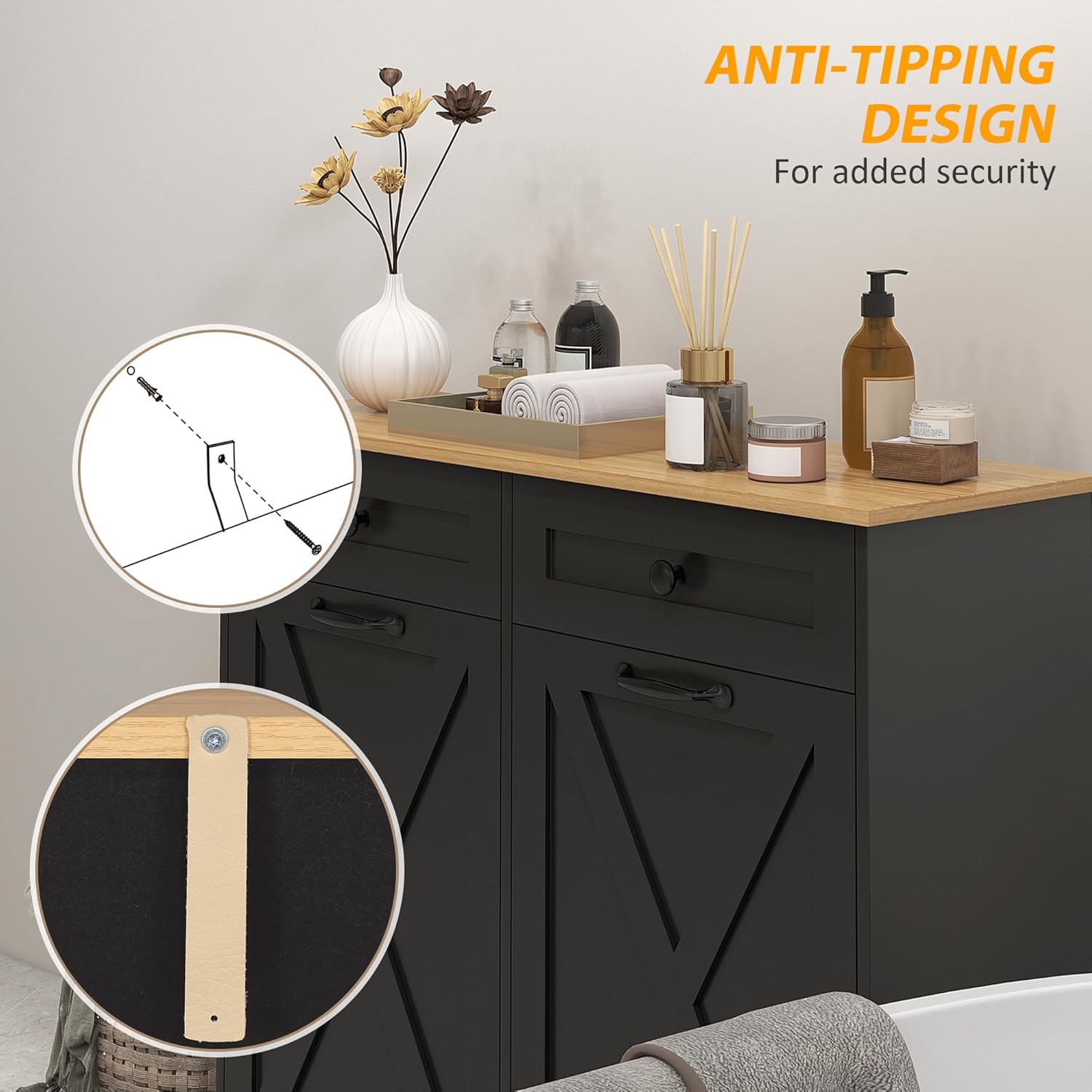 HOMCOM Tilt Out Laundry Hamper Cabinet with 2 Removable Baskets, Freestanding Bathroom Storage Cabinet with 2 Drawers, Trash Can Cabinet for Living Room, Laundry Room, Black