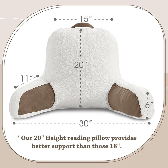 LOVTEX Reading Pillow with Removable Cover, Back Pillow for Sitting Up in Bed with Arms and Pockets, Sherpa Bed Rest Pillow Adult, 20 x 15 Inches(Brown and White)