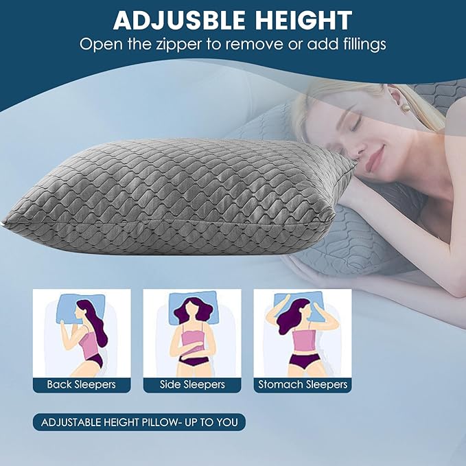 Memory Foam Pillows King Size Set of 2, Adjustable Cooling Pillow for Side Back Stomach Sleepers with Washable Removable Cover