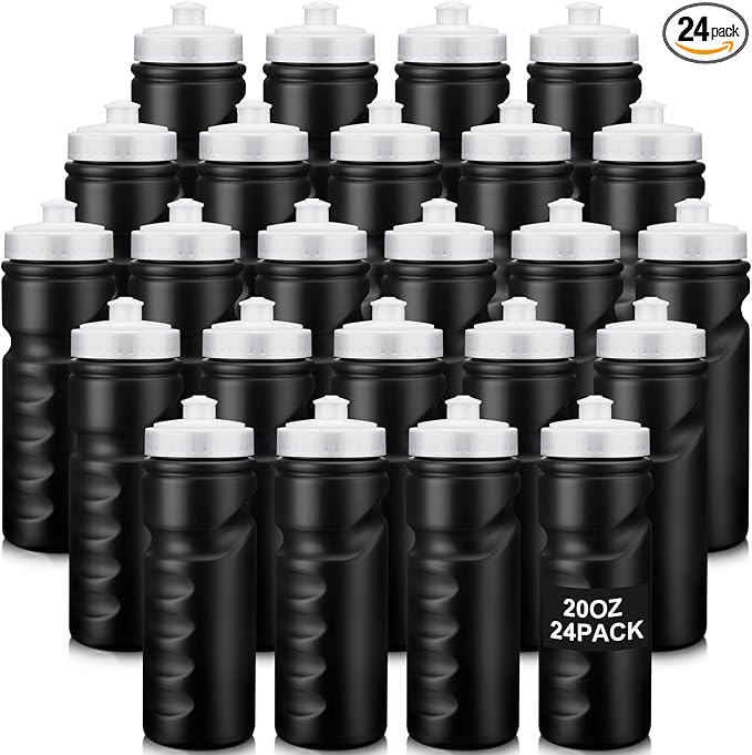 24 Pcs Sports Water Bottles Bulk 20 oz Squeeze Bottle Black Reusable Plastic Water Bottles with Pull Top Cap Leak Proof Water Bottles for Adults Kids Gym, Hiking, Camping, Outdoor Sports