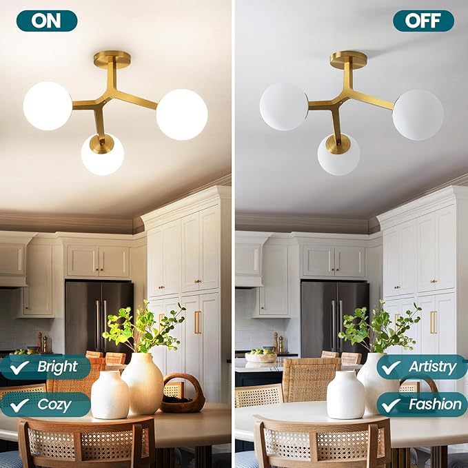 Semi Flush Mount Ceiling Light Fixture 3-Light Modern Gold Sputnik Chandelier with Globe Milky Frosted Glass Shade E12 Sputnik Ceiling Light for Kitchen, Hallway Light Fixtures Ceiling
