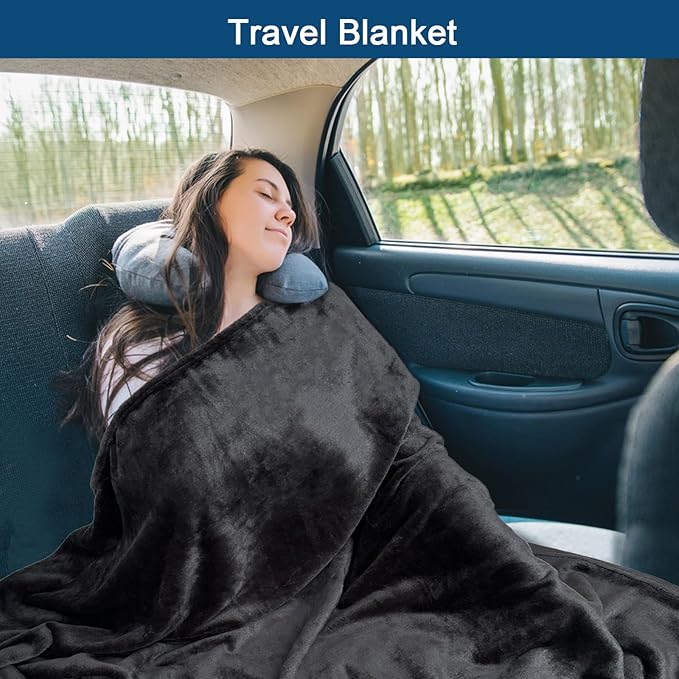 Bnuitland Travel Blanket and Pillow 2 in 1, Soft Flannel Airplane Blanket in Bag Compact-Long Flight Essential for Adults and Kids, Portable Luggage Sleeve and Backpack Clip, 65×40 inch Black