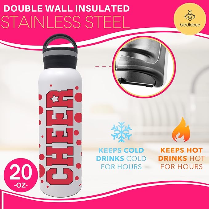 25 oz. Cheer Dance & Gymnastics Stainless Steel Water Bottle - Perfect Gifts for Cheerleaders, Dancers, Gymnasts & Coaches (Cheer Red)