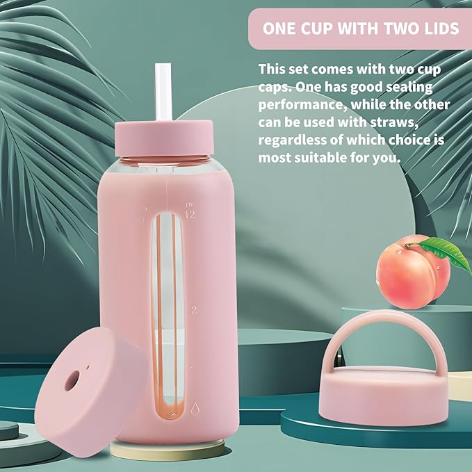 27 Oz Hydration Bottle,Minimalist Glass Water Bottle With Silicone Sleeve,Wide Mouth Opening With 2 Lids,Train Straws,Gift for Kids/Adults,Sport Glass Water Bottle for Gym/Yoga/Outdoor (Pink, 27 oz)