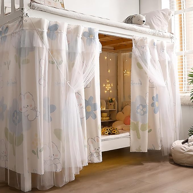 Hoce Bunk Bed Curtain Gauze Bunk Bed Curtains Drapes with Lace Privacy Dorm Bed Canopy for Bottom Twin, 2 Panels