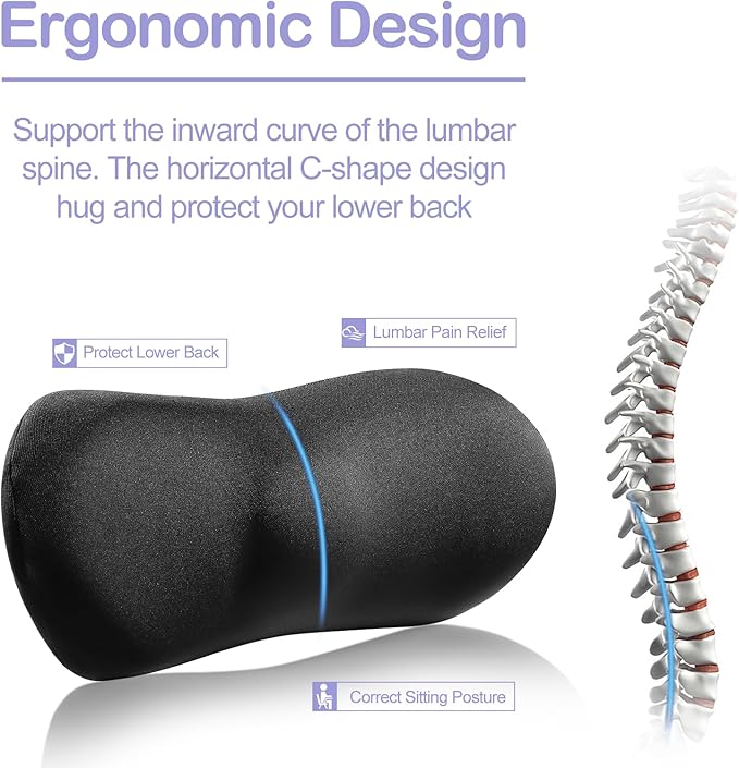 Lumbar Support Pillow for Car - Ergonomic Back Support for Office Chair, Memory Foam Lumbar Pillow for Lower Back Support, Ideal Lumbar Support Pillow for Office Chair, Bed, Recliner