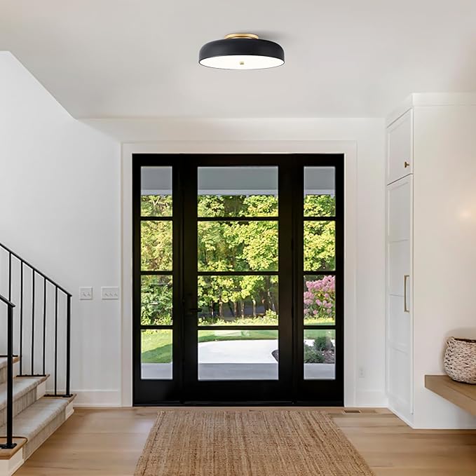 Dimmable LED Ceiling Light Fixture, 2700K-6000K 5CCT Modern Mid-Century Semi Flush Mount Ceiling Light, Black Close to Ceiling Lamp for Bedroom, Living Room, Kitchen, Laundry Room, 15.7in