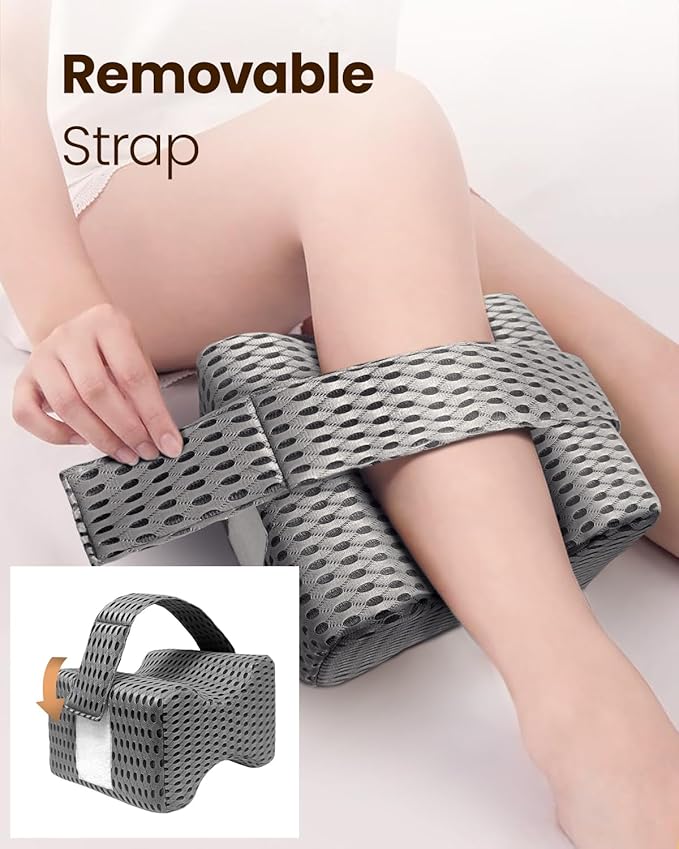 Knee Pillow for Side Sleepers - Memory Foam Leg Pillow for Side Sleeping with Strap, Leg Elevation Pillow for Relief Twisted Spine, Sciatica, Joint, Hip, Surgery Pain (Grey)