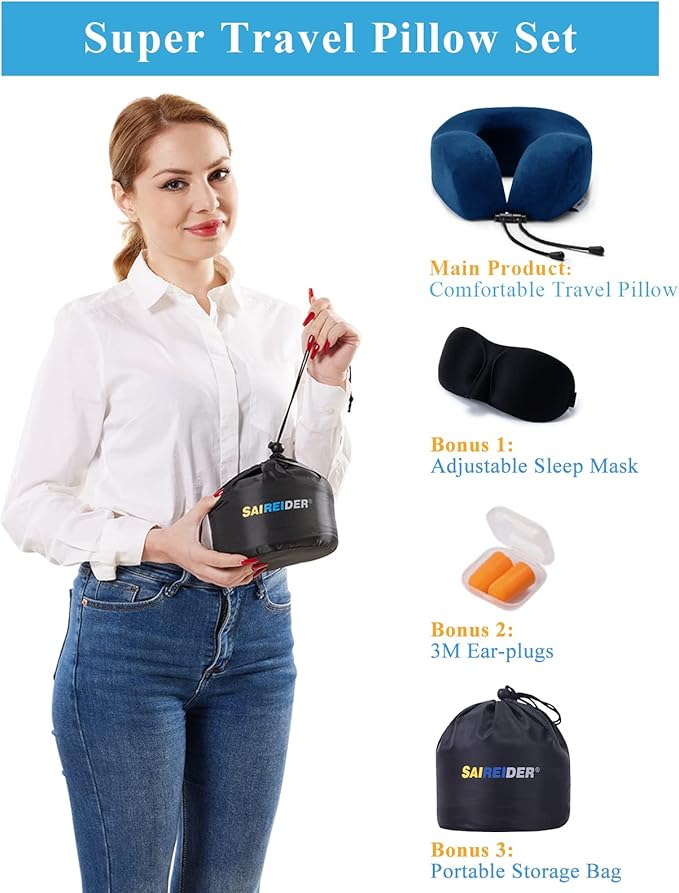 SAIREIDER Travel Pillow 100% Memory Foam Airplanes Neck Pillows -Prevent The Heads from Falling Forward Travel Neck Pillows with Sleep Mask and Earplugs (Navy Blue)