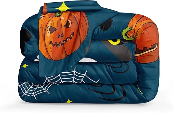 Bedbay Halloween Comforter Set Queen Size Halloween Bedding Set Full Cute Ghost Pumpkin Printed Blue Halloween Bedding 4-Piece with 1 Cushion Cover (Blue,Queen)