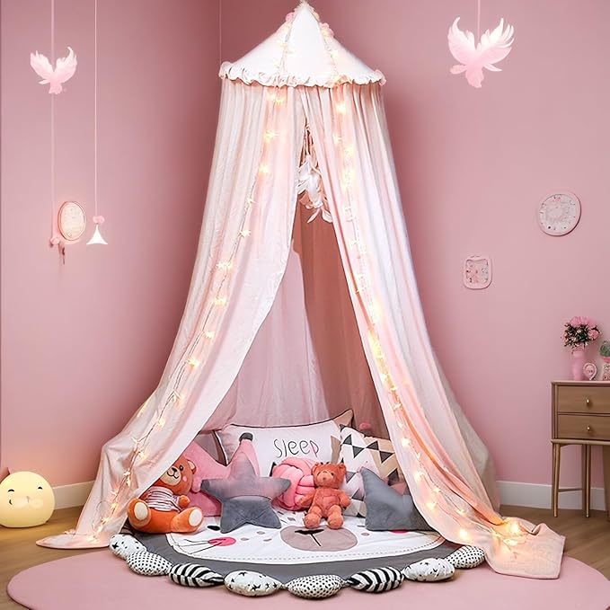 Upgrade Version of Canopy for Kids Bed, Extra Large Canopy for Girls Room Decoration Princess Castle Play Tent Hanging House, Dreamy Canopy for Children Room Reading Nook Canopies (Pale Pink Ruffle)