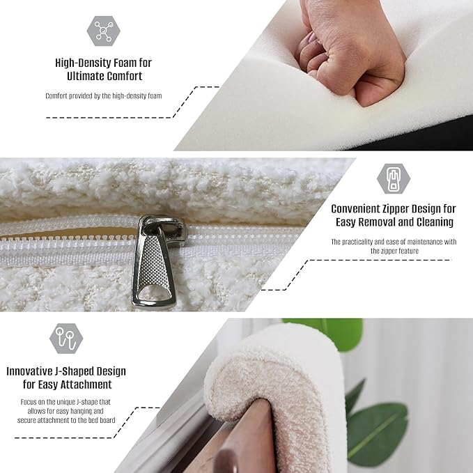 2PCS Dorm Bed Hanging Wood Headboard Back Cushion, Pillow with Removable Berber Fleece Cover, Upholstery Reading Cushions for Bedroom (Ivory)