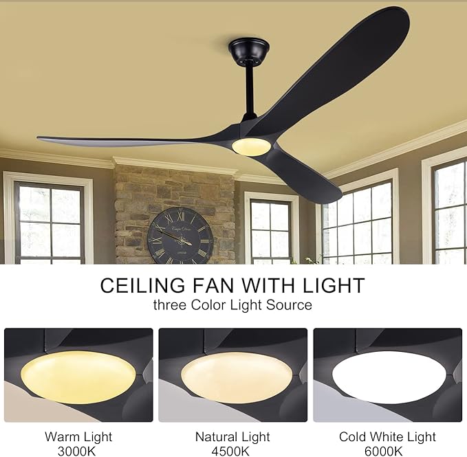 BOJUE 72 Inch Black Ceiling Fans with Lights and Remote Control, Indoor Outdoor Ceiling Fan, Wood Ceiling Fan flush mount with 3 Wood Blade for Bedroom Patio Living Room (Black Blades)