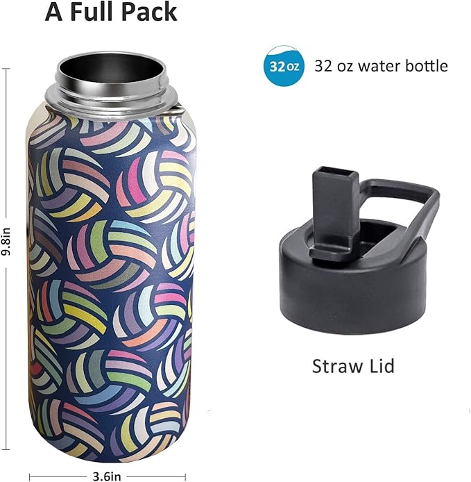 32 oz Volleyball Water Bottle Insulated Vacuum Stainless Steel Sports Water Bottle with 2 Lids (Straw and Spout Lid) for Gym Camping Hiking