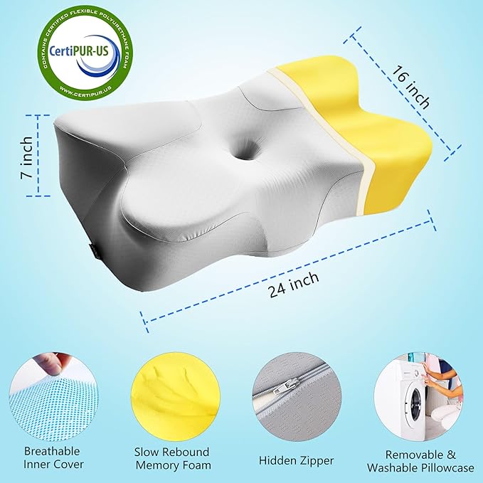 Cervical Pillow for Neck Pain Relief-Ergonomic Contour Pillows-Memory Foam Cervical Pillow,Odorless Ergonomic Contour Pillows,Orthopedic Bed Pillow for Side Back Stomach Sleeper - Grey