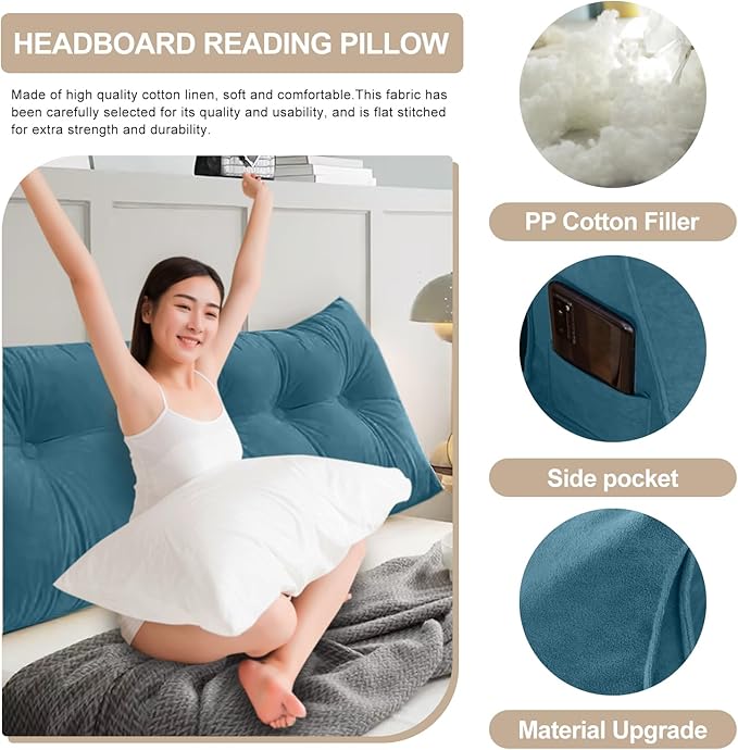 Large Triangular Headboard Pillows Long Backrest Positioning Support Bolster Cushion for Daybed Fluffy Quality Plush Body Wedge Pillow with Removable Cover(Dark blue-Full-54x8x20in)