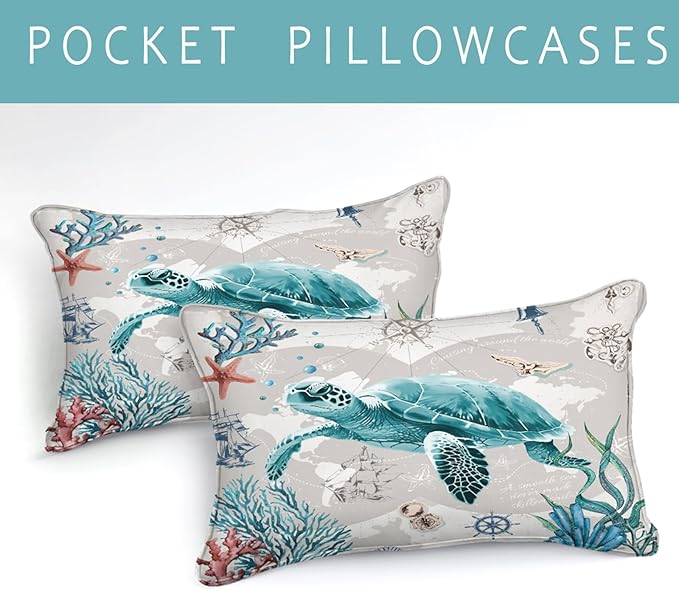 Bedbay Nautical Bedding Set Turtle Comforter Set King Size Beach Comforter Set Soft Microfiber Sea Life Ocean Bedding Comforter Set Coastal Bedding Boys Girls Beach Theme Bedding Set(Turtle,King)