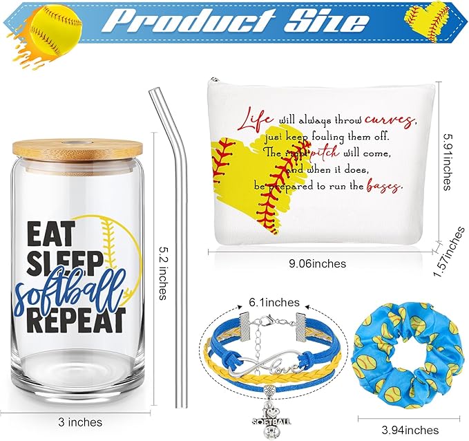 4 Pcs Softball Gifts Softball Glass Cup 16oz Softball Water Bottles Inspirational Softball Theme Makeup Bag Softball Bracelet Elastic Softball Scrunchies Softball Accessories for Girls Back to School