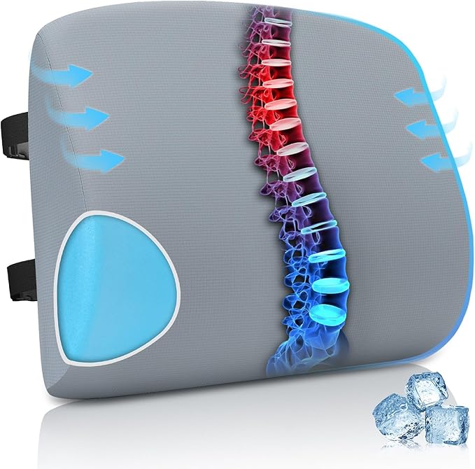 Lumbar Support Pillow for Office Chair Car Seat Cushion for Lower Back Sciatica Pain Relief Firm Memory Foam Pillows Wedge Chairs Cushions with Dual Straps (Cooling Grey)