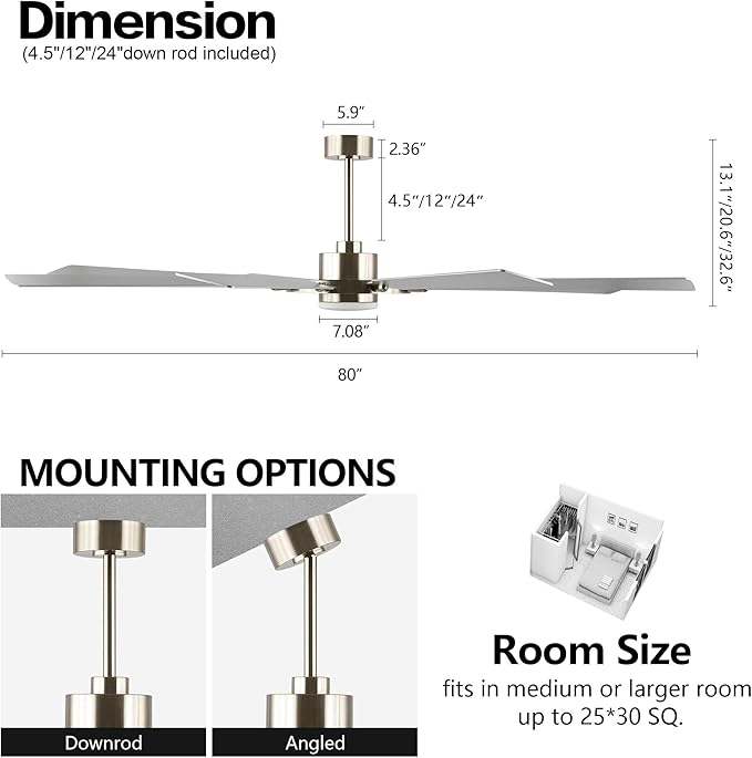 80" Ceiling Fan with Lights and Remote Control, Wood 8 Blades 6-Speed Noiseless Reversible DC Motor, 3 Downrods, Modern Large Ceiling Fan for Bedroom Dining Living Room, Nickel Finish+Silver