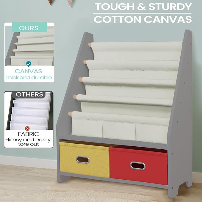 4 Tier Kids Book Shelf, Wooden Kids Book Rack, Grey Kids Bookshelf with Toy Storage Organizer, Toddler Sling Bookshelf for Boys, Girls, Kids Room, Red/Yellow