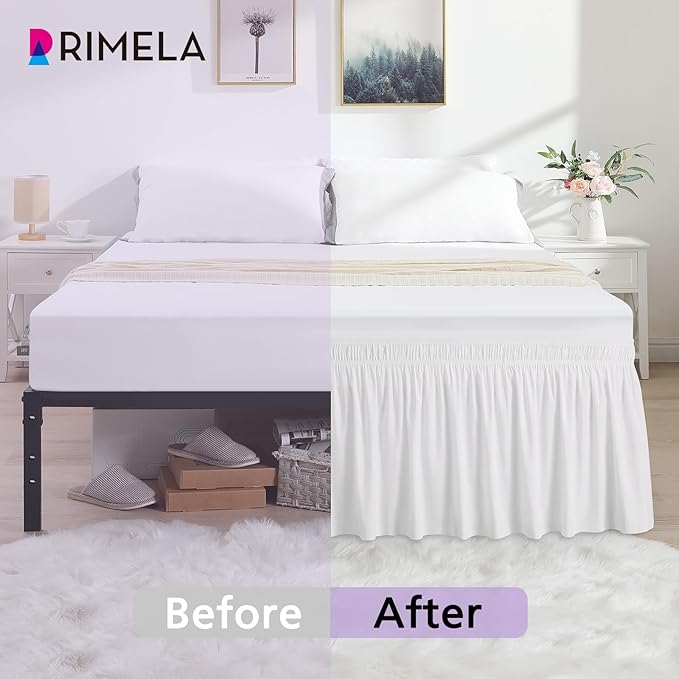 RIMELA White King Size Bed Skirt 12 Inch Drop, Elastic Bed Skirts Cal King Dust Ruffle, White Bedskirt for Adjustable Bed Base Solid Fade Resistant Silky Fabric Machine Washable Easy to Install