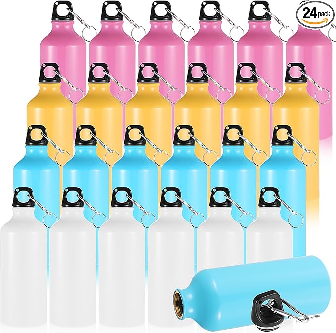24 Pieces Aluminum Water Bottle 20 oz Lightweight Reusable Water Bottle Bulk Leak Proof Aluminum Water Bottles with Twist Cap and Buckle for Bike Travel Sports Camping (Pink, Blue, White, Yellow)