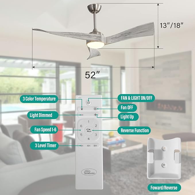 Sofucor 52" Wood Ceiling Fan Indoor with Light and Remote Control, 6-Speed, 3-Timer with Quiet Energy Saving, 3 blades Propeller Ceiling fan with Remote, Grey Wood Grain