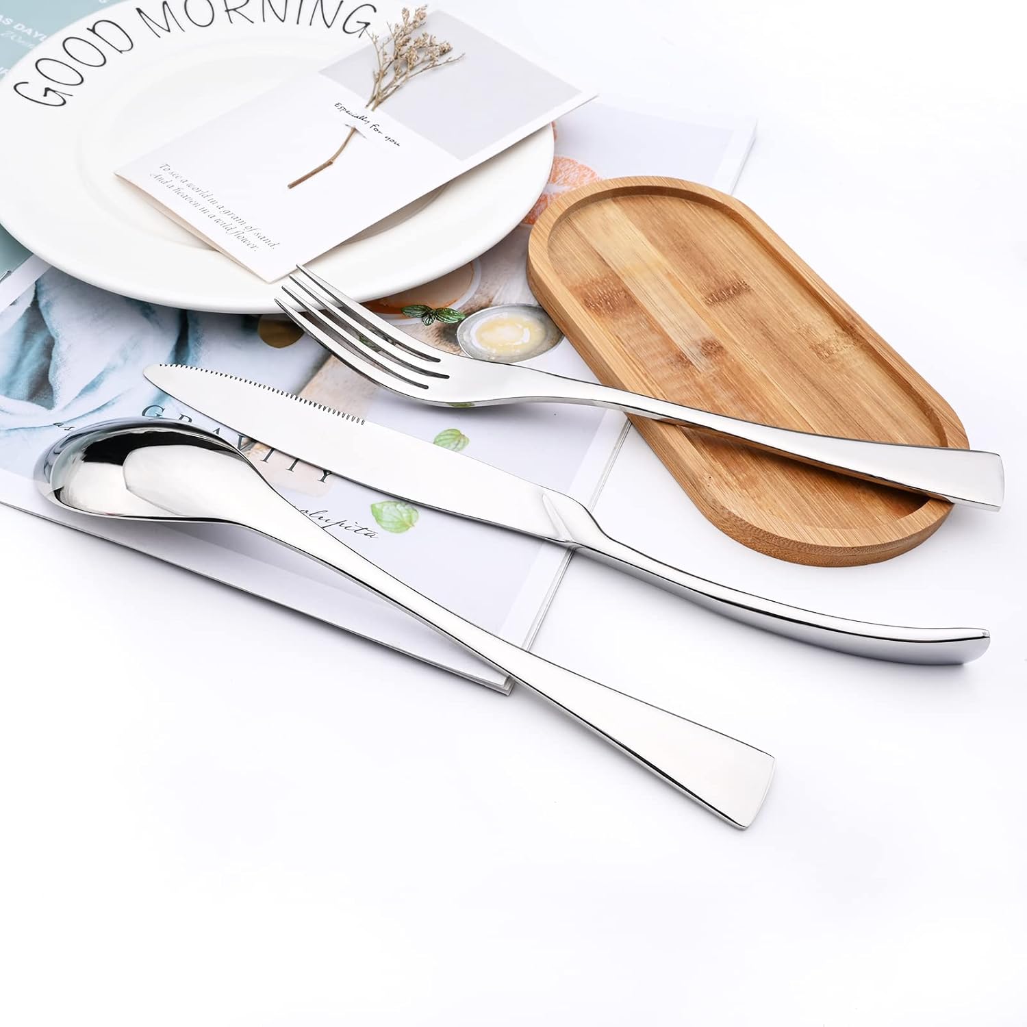 24-Piece Silver Flatware, Mirror 18/10 Stainless Steel Modern & Luxury Dinnerware Set With Serrated Steak Knife Teaspoon For Daily Use or Dinner Party Restaurant - Service For 4