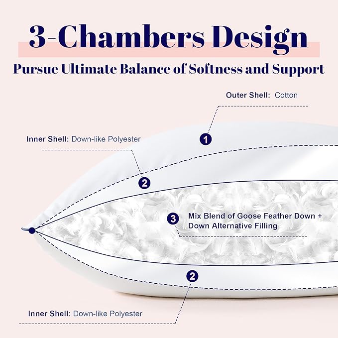 Cosybay Goose Feather and Down Bed Pillow, Premium Medium White Pillow Inserts for Sleeping, Luxury Bedding Pillows for Side and Back Sleepers, Queen Size, 20x28 Inches, 2 Pack