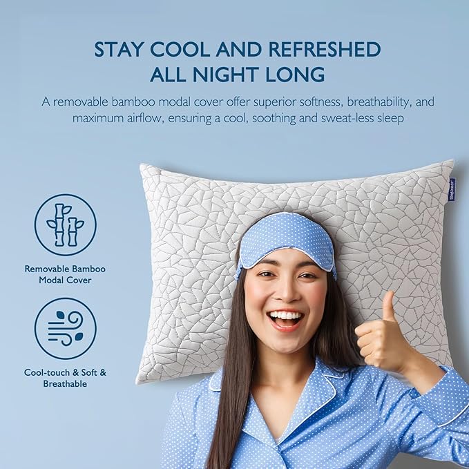 Dafinner Adjustable Shredded Memory Foam Pillows Standard/Queen Size - 100% Removable Cover from Bamboo Derived Rayon, Cooling Medium Bed Pillows for Side Stomach & Back Sleepers - Pack of 2, 20"x28"