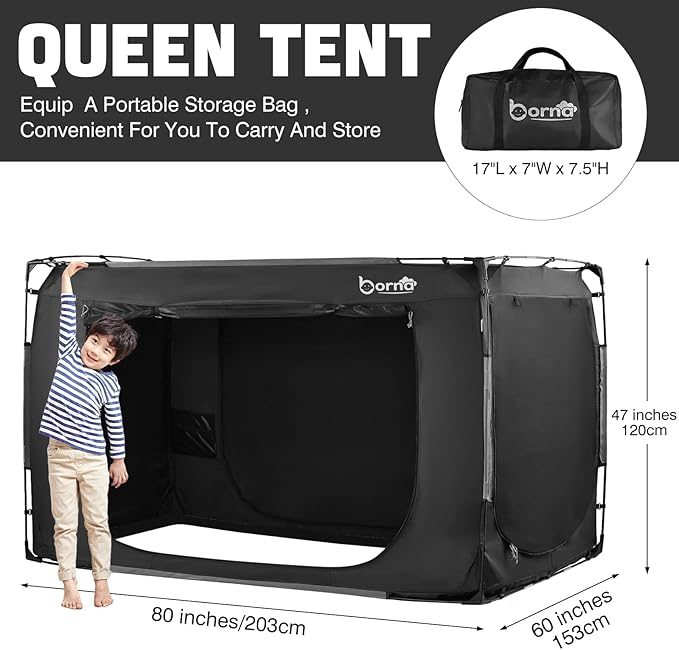 BORNA Bed Tent Bed Canopy Queen Size for Adult and Kids,Portable Sleeping Tents Dream Tents Indoor for Kids and Adult, Breathable Privacy Space with Three Doors (Mattress Not Included)